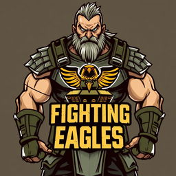 A dynamic and fierce warrior design featuring a muscular figure wearing battle attire, showcasing a powerful stance