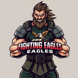 A dynamic and fierce warrior design featuring a muscular figure wearing battle attire, showcasing a powerful stance