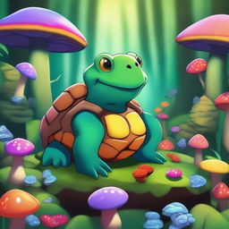 A vibrant digital art representation of a softshell Tortle who is a druid from the circle of spores