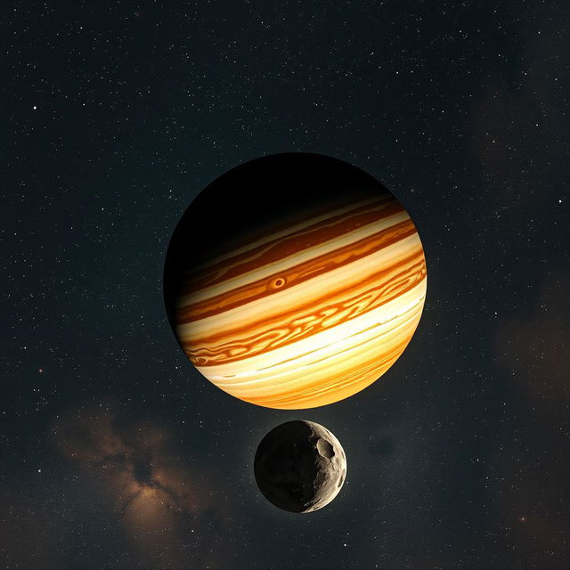 A breathtaking celestial scene featuring the planet Jupiter with its striking bands and the small rocky planet Mercury in the foreground