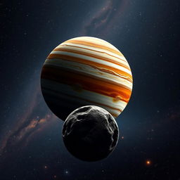 A breathtaking celestial scene featuring the planet Jupiter with its striking bands and the small rocky planet Mercury in the foreground