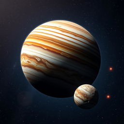 A breathtaking celestial scene featuring the planet Jupiter with its striking bands and the small rocky planet Mercury in the foreground