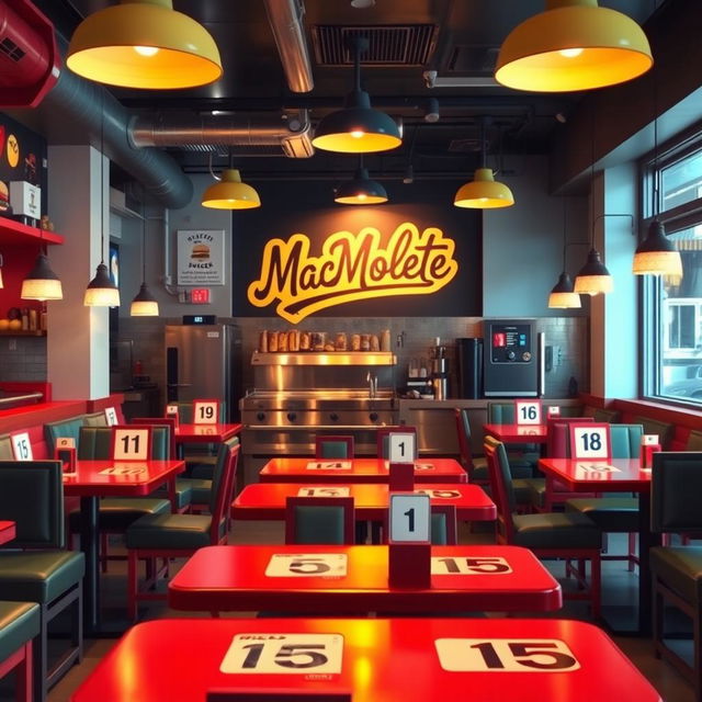 An interior view of a hamburger restaurant featuring 20 numbered tables, each uniquely decorated