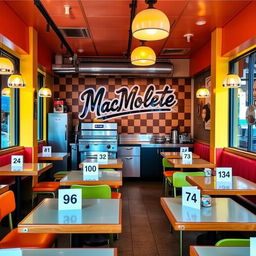 An interior view of a hamburger restaurant featuring 20 numbered tables, each uniquely decorated