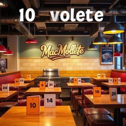 An interior view of a hamburger restaurant featuring 20 numbered tables, each uniquely decorated