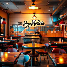 An interior view of a hamburger restaurant featuring 20 numbered tables, each uniquely decorated