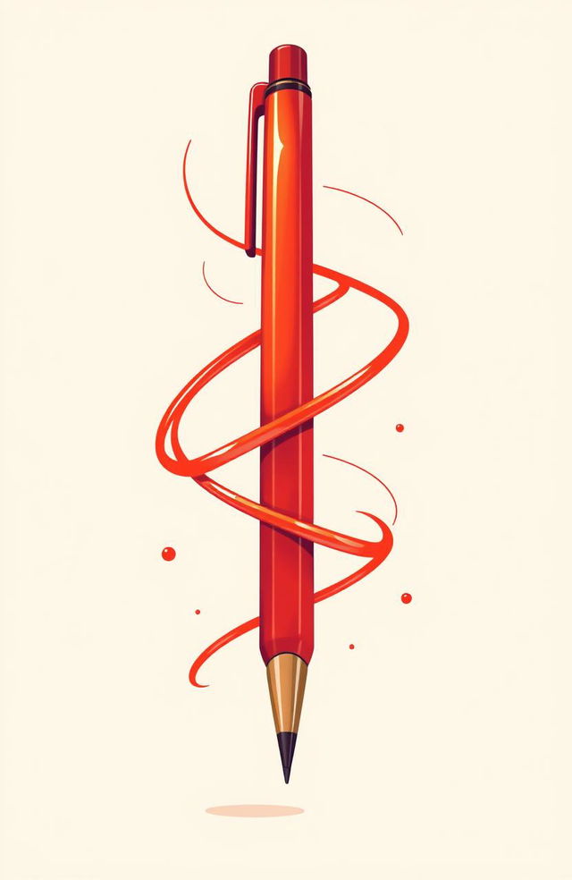 A vibrant red pen depicted in an artistic style, featuring flowing abstract lines that swirl and twist around it, creating a dynamic sense of movement