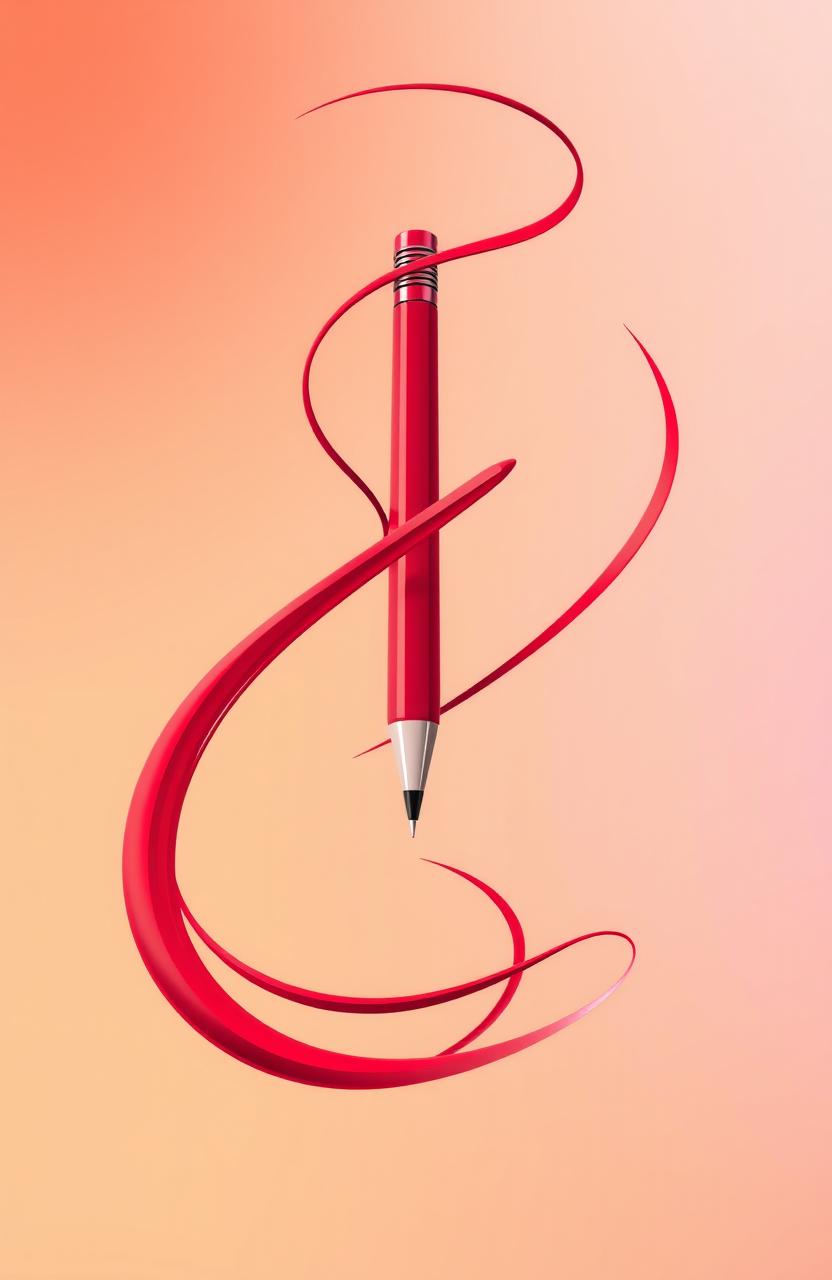 A vibrant red pen depicted in an artistic style, featuring flowing abstract lines that swirl and twist around it, creating a dynamic sense of movement