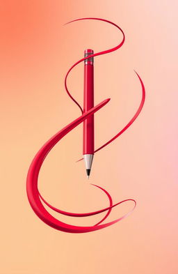 A vibrant red pen depicted in an artistic style, featuring flowing abstract lines that swirl and twist around it, creating a dynamic sense of movement