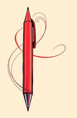 A vibrant red pen depicted in an artistic style, featuring flowing abstract lines that swirl and twist around it, creating a dynamic sense of movement