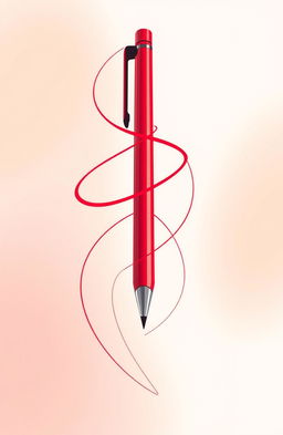 A vibrant red pen depicted in an artistic style, featuring flowing abstract lines that swirl and twist around it, creating a dynamic sense of movement