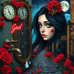 A beautiful, stunning girl with flowing black hair and captivating blue eyes looks into a mirror, set in a dreamlike, psychedelic world inspired by Salvador Dali