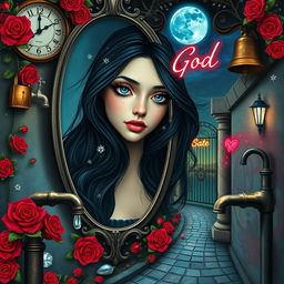 A beautiful, stunning girl with flowing black hair and captivating blue eyes looks into a mirror, set in a dreamlike, psychedelic world inspired by Salvador Dali