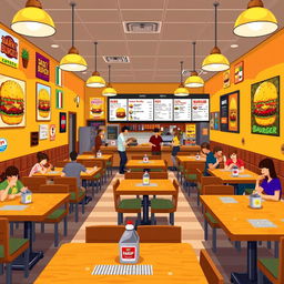 A vibrant pixel art interior of a hamburger restaurant, featuring 20 tables arranged comfortably
