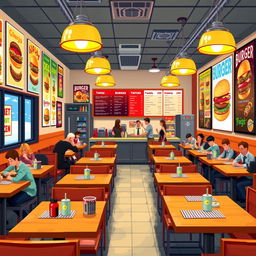 A vibrant pixel art interior of a hamburger restaurant, featuring 20 tables arranged comfortably