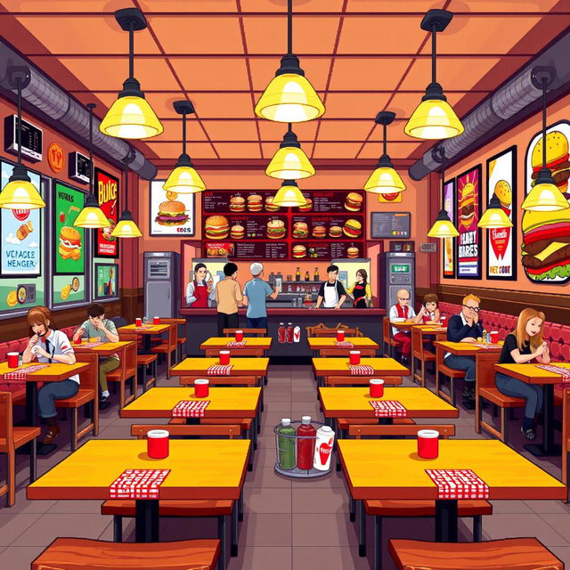 A vibrant pixel art interior of a hamburger restaurant, featuring 20 tables arranged comfortably