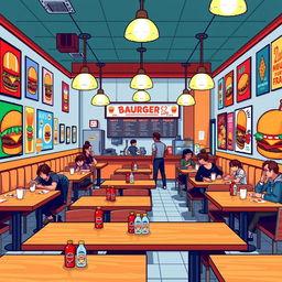 A vibrant pixel art interior of a hamburger restaurant, featuring 20 tables arranged comfortably