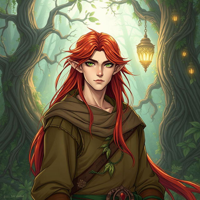 A captivating illustration in manhwa style featuring a male elf druid