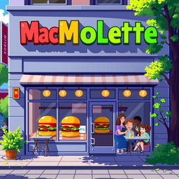 A vibrant pixel art scene depicting the exterior of a hamburger restaurant named 'MacMollete'