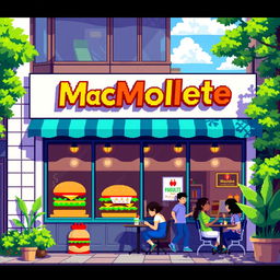 A vibrant pixel art scene depicting the exterior of a hamburger restaurant named 'MacMollete'