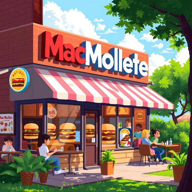 A vibrant pixel art scene depicting the exterior of a hamburger restaurant named 'MacMollete'