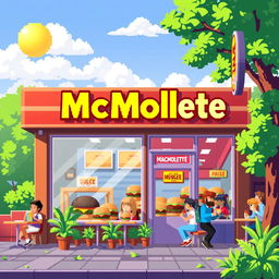 A vibrant pixel art scene depicting the exterior of a hamburger restaurant named 'MacMollete'