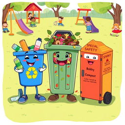 A colorful and cheerful illustration depicting three anthropomorphic characters in a vibrant playground