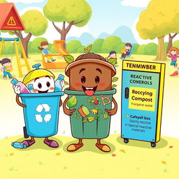 A colorful and cheerful illustration depicting three anthropomorphic characters in a vibrant playground