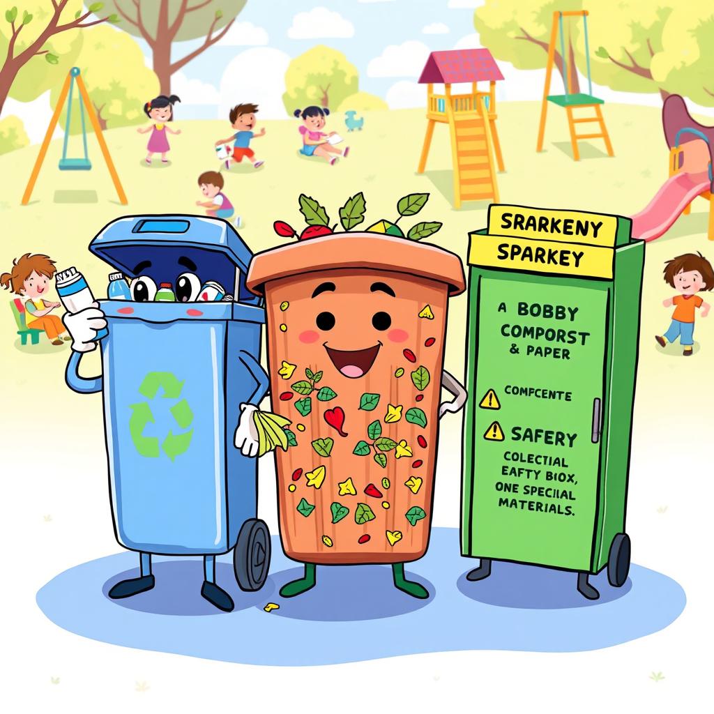 A colorful and cheerful illustration depicting three anthropomorphic characters in a vibrant playground