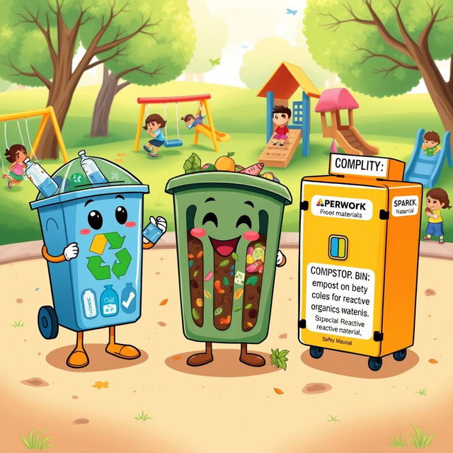 A colorful and cheerful illustration depicting three anthropomorphic characters in a vibrant playground