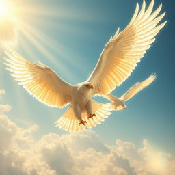 Giant seraphic eagles with white flame-like plumage soaring majestically through a bright, ethereal sky