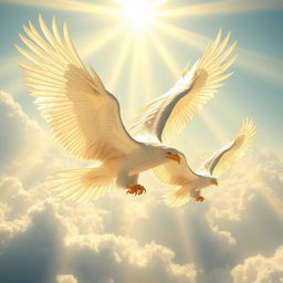 Giant seraphic eagles with white flame-like plumage soaring majestically through a bright, ethereal sky