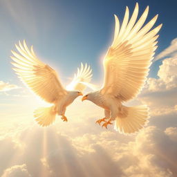 Giant seraphic eagles with white flame-like plumage soaring majestically through a bright, ethereal sky