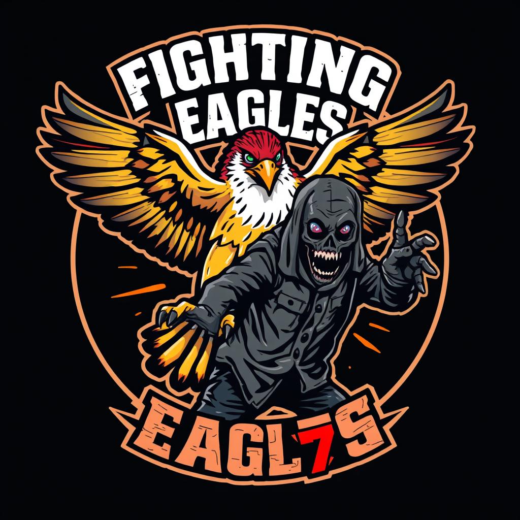 A striking logo design featuring a fierce falcon in dynamic combat with a creatively designed, menacing homeless zombie