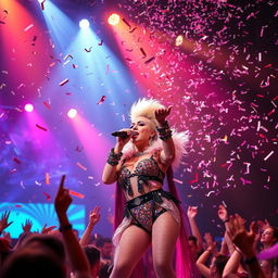 A vibrant concert scene featuring Lady Gaga singing energetically on stage, surrounded by colorful lights and an enthusiastic crowd