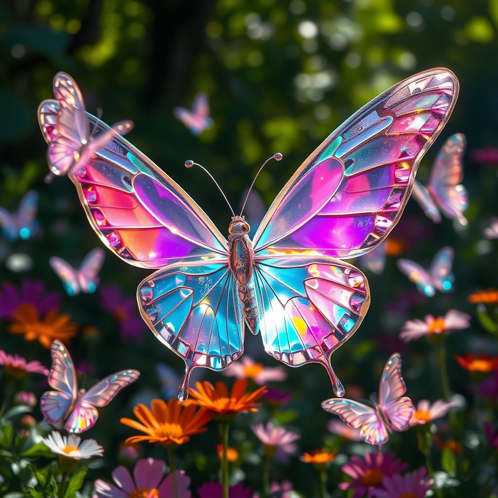 Ethereal butterflies that appear to be made of crystal, their delicate wings shimmering in a spectrum of colors that reflect the emotions of onlookers