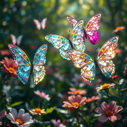 Ethereal butterflies that appear to be made of crystal, their delicate wings shimmering in a spectrum of colors that reflect the emotions of onlookers