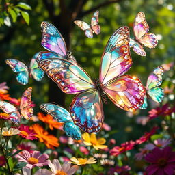 Ethereal butterflies that appear to be made of crystal, their delicate wings shimmering in a spectrum of colors that reflect the emotions of onlookers