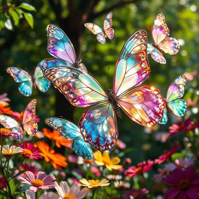 Ethereal butterflies that appear to be made of crystal, their delicate wings shimmering in a spectrum of colors that reflect the emotions of onlookers