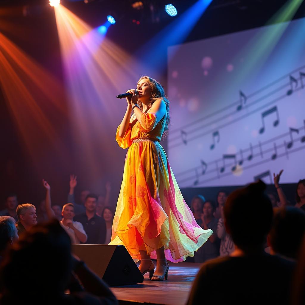 A stunning performance scene featuring Romanian artist Andra Maruta singing passionately on stage