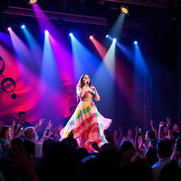 A stunning performance scene featuring Romanian artist Andra Maruta singing passionately on stage