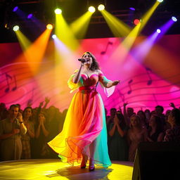 A stunning performance scene featuring Romanian artist Andra Maruta singing passionately on stage