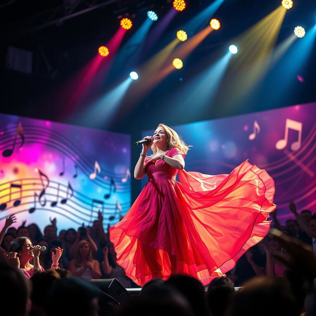 A stunning performance scene featuring Romanian artist Andra Maruta singing passionately on stage