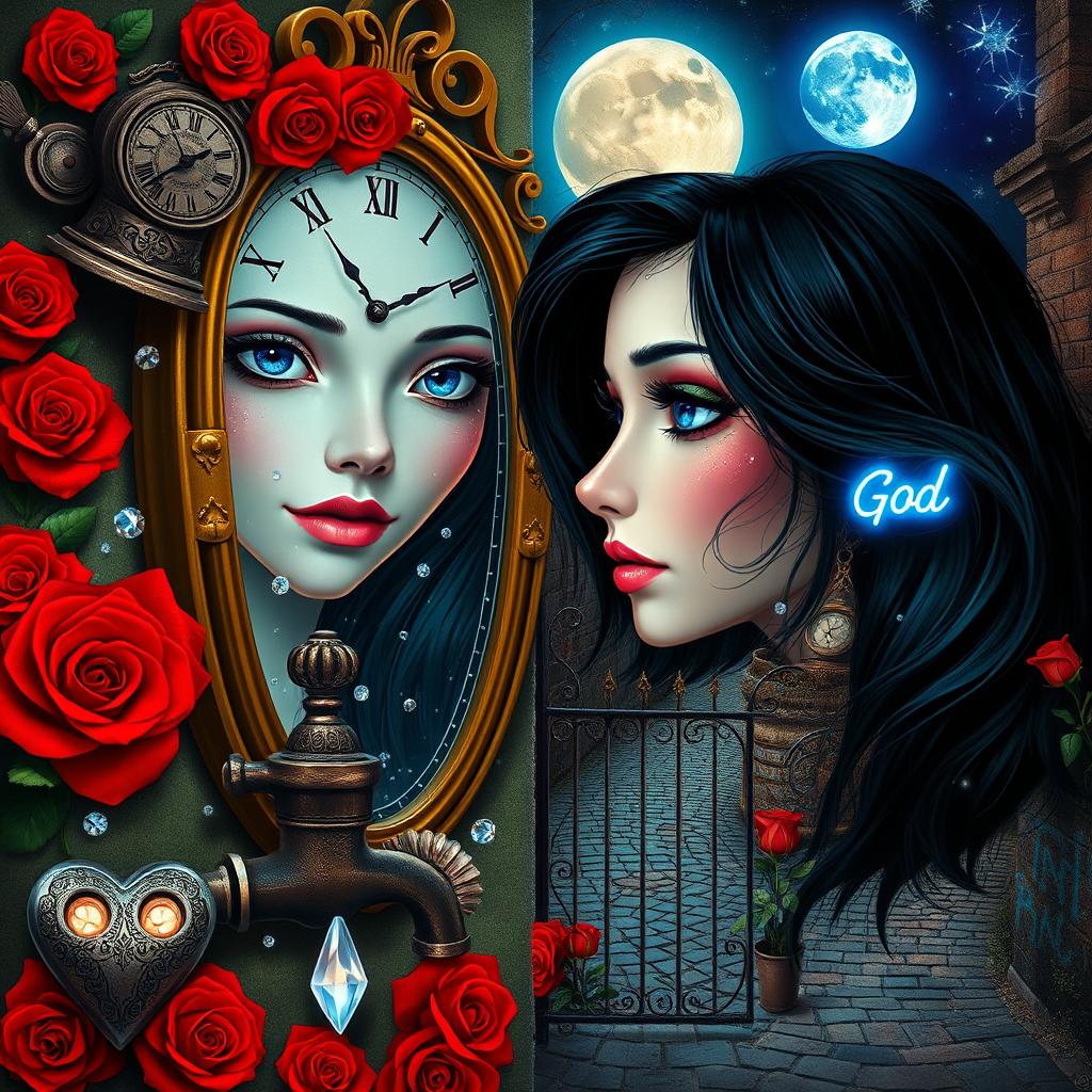 A beautiful, stunning girl with flowing black hair and captivating blue eyes gazes into a mirror, set in a dreamlike psychedelic world inspired by Salvador Dali