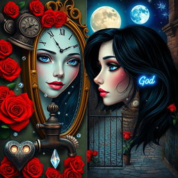 A beautiful, stunning girl with flowing black hair and captivating blue eyes gazes into a mirror, set in a dreamlike psychedelic world inspired by Salvador Dali