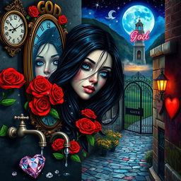 A beautiful, stunning girl with flowing black hair and captivating blue eyes gazes into a mirror, set in a dreamlike psychedelic world inspired by Salvador Dali