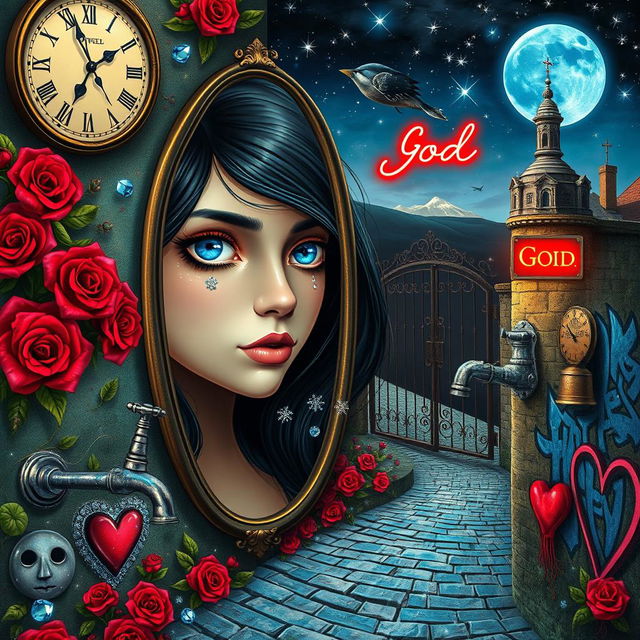 A beautiful, stunning girl with flowing black hair and captivating blue eyes gazes into a mirror, set in a dreamlike psychedelic world inspired by Salvador Dali
