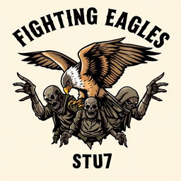A creative logo design featuring a fierce falcon engaged in combat with multiple homeless zombies beneath it