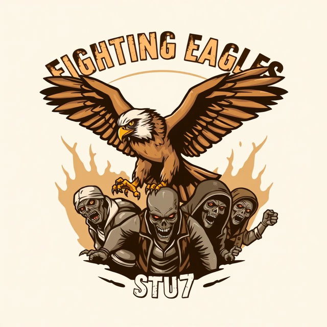 A creative logo design featuring a fierce falcon engaged in combat with multiple homeless zombies beneath it