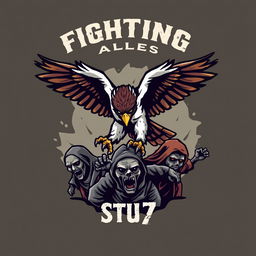 A creative logo design featuring a fierce falcon engaged in combat with multiple homeless zombies beneath it